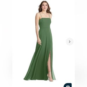 Lovely Square Neck Chiffon Maxi Dress with Front Slit in Vineyard Green